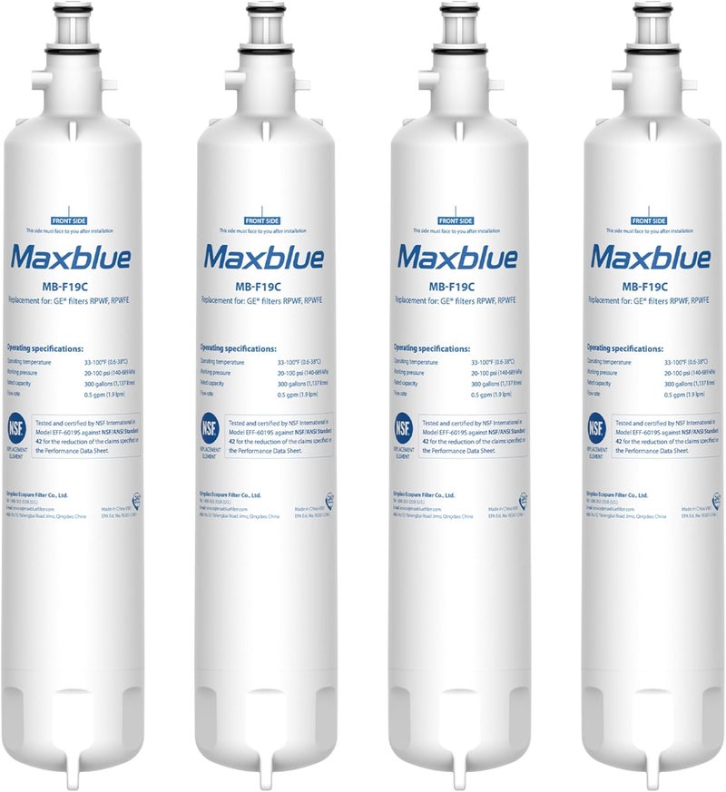 Maxblue Replacement for GE® RPWFE®, RPWF (with CHIP) Refrigerator Water Filter, Compatible with WSG-4, WF277, GFE28GMKES, PFE28KBLTS, GFD28GSLSS, PWE23KSKSS, GYE22HMKES, DFE28JSKSS, 4 Filters - Image 1